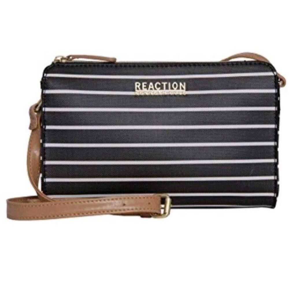 Kenneth Cole Reaction Stripped Crossbody Clutch Handbag Black White Parisian